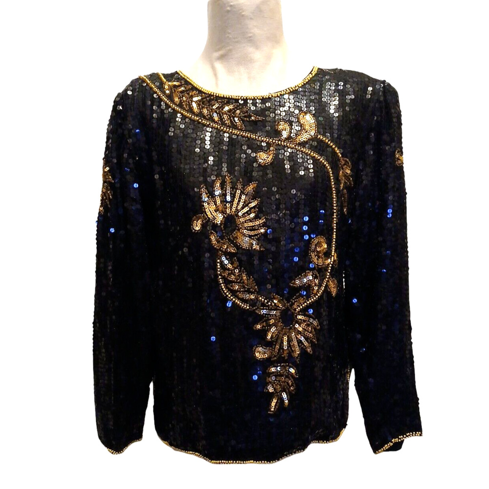 Carina 100% Silk Beaded Sequin Blouse Sz S Black Gold Floral NY Party Christmas